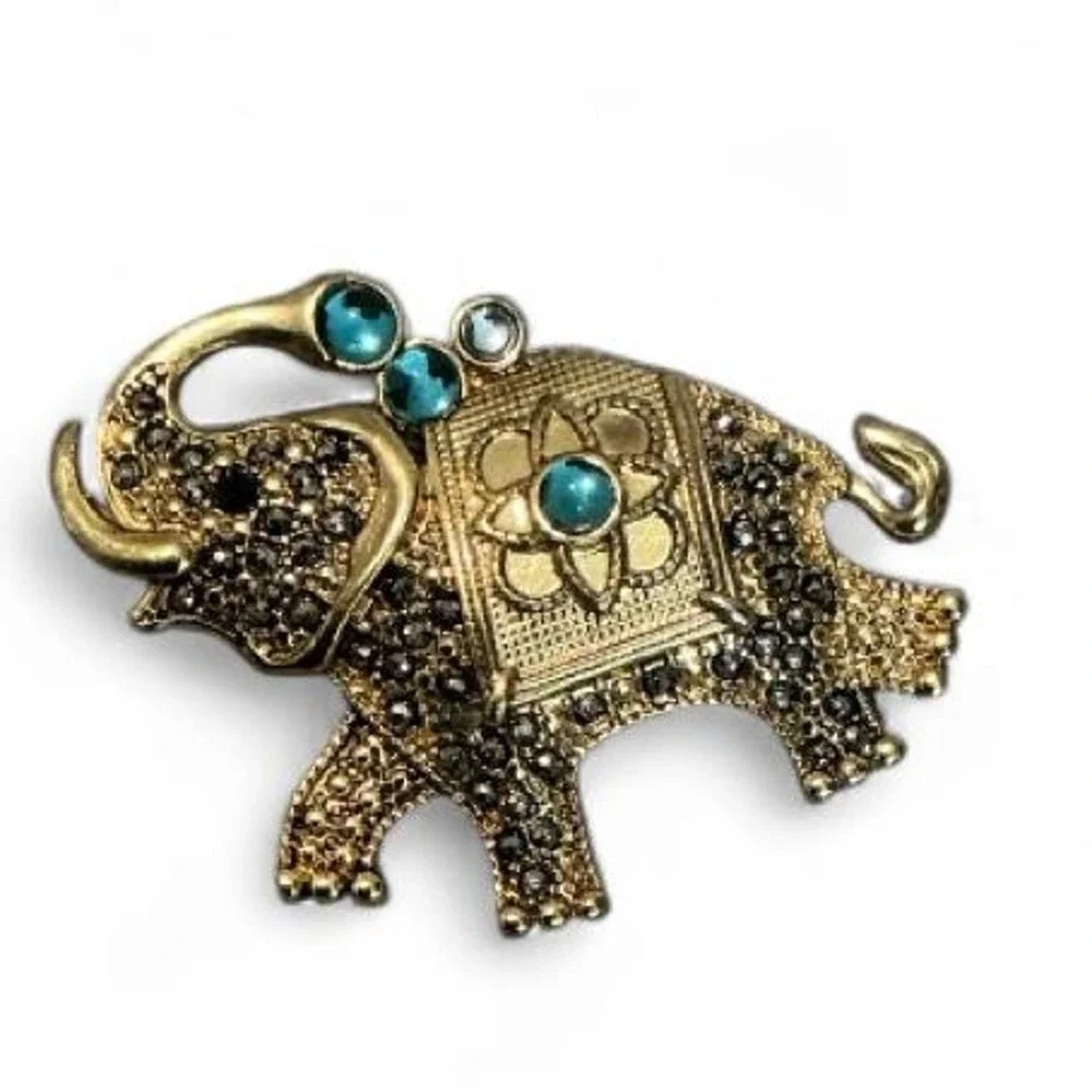 Vintage FAF Elephant Brooch Gold-Tone Marcasite‎ Teal Excellent Good Luck Charm